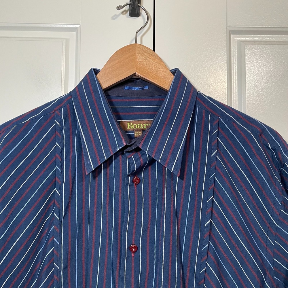 Roar Button Down Shirt Mens XL‎ Navy Blue Burgundy Striped Long Sleeve Excellent - Picture 5 of 11